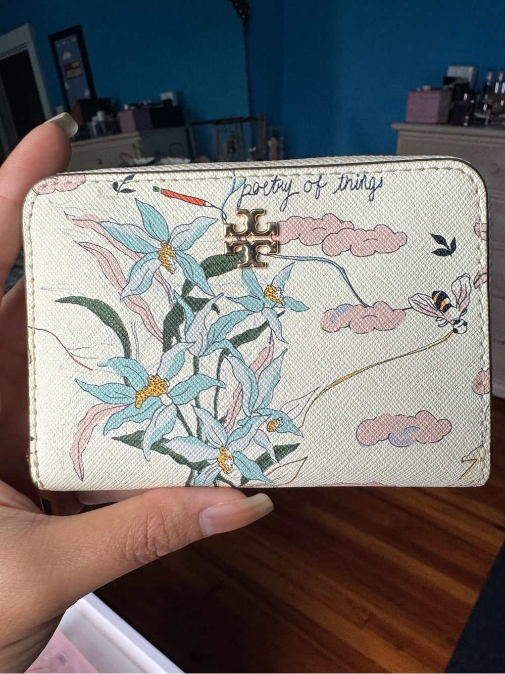 Tory Burch White Zip Wallet with Light Blue Floral Print and Pink Cloud Accents - Picture 2 of 6